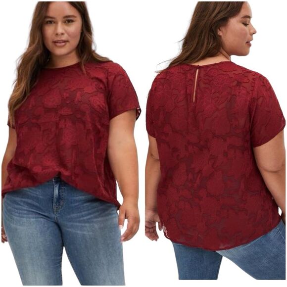 Torrid Abbey Chiffon Clip Floral Top Red Roses Cap Short Sleeve Women's size 5X - Picture 1 of 11
